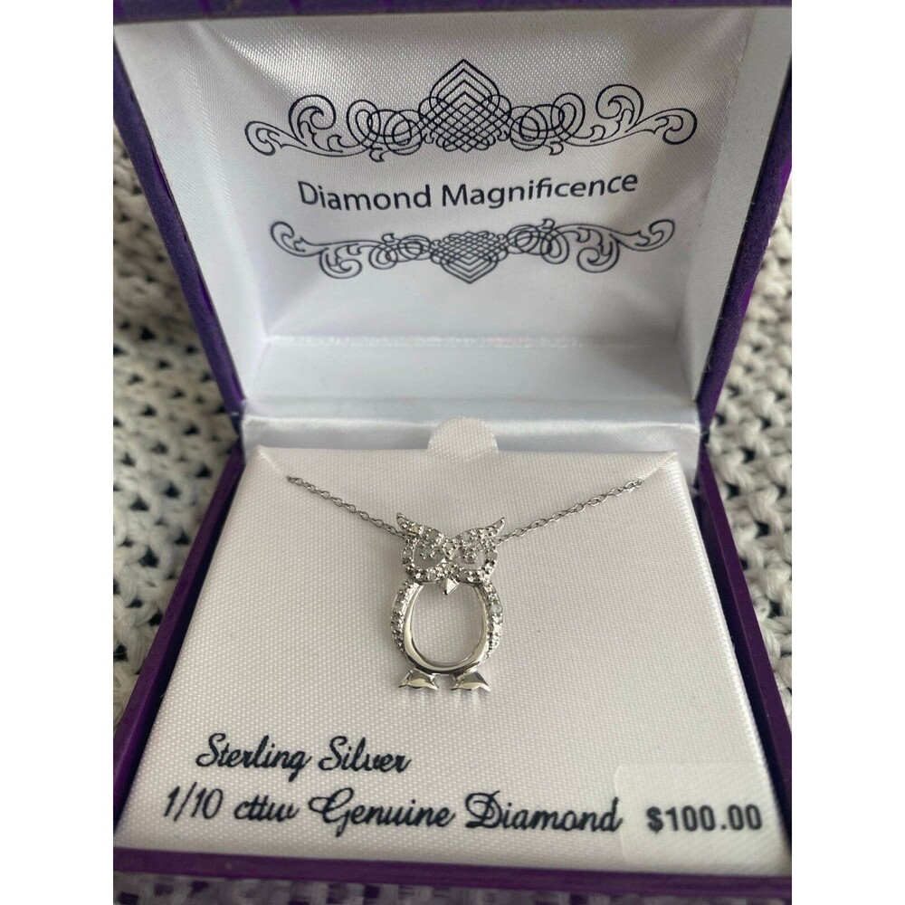 NWT Sterling Silver owl necklace with diamonds